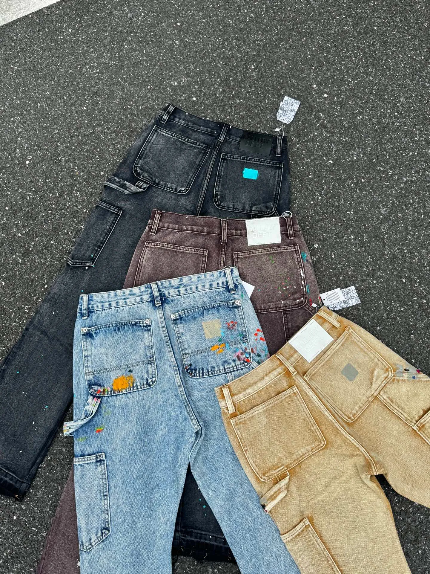 P250 (G95 black) (G90 burgundy) (G94 blue) (G91 khaki) GALLERY DEPT. Spliced ​​patchwork splash-ink denim flared pants washed and distressed spliced ​​jeans logging micro-flared jeans men and women same style Code number: 28 30 32 34 36
